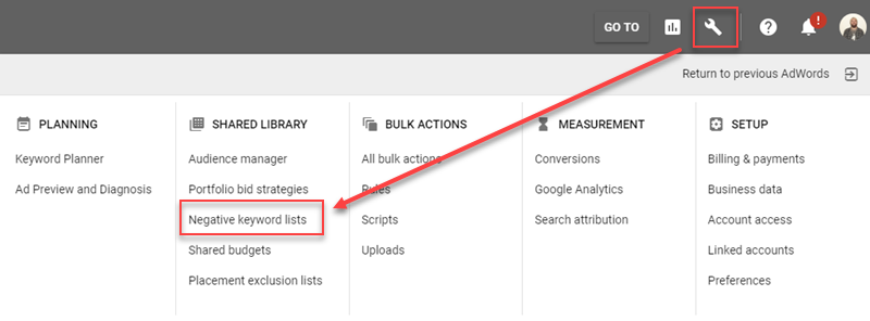 Negative keyword lists