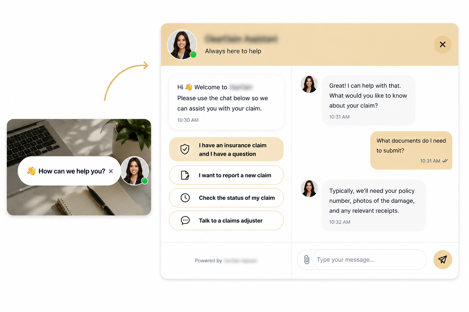 AI-powered chatbot helping users with legal and insurance claim questions through an online support chat interface.