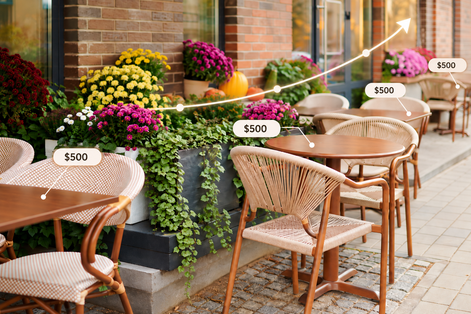 Charming outdoor cafe featuring wooden tables surrounded by vibrant potted plants