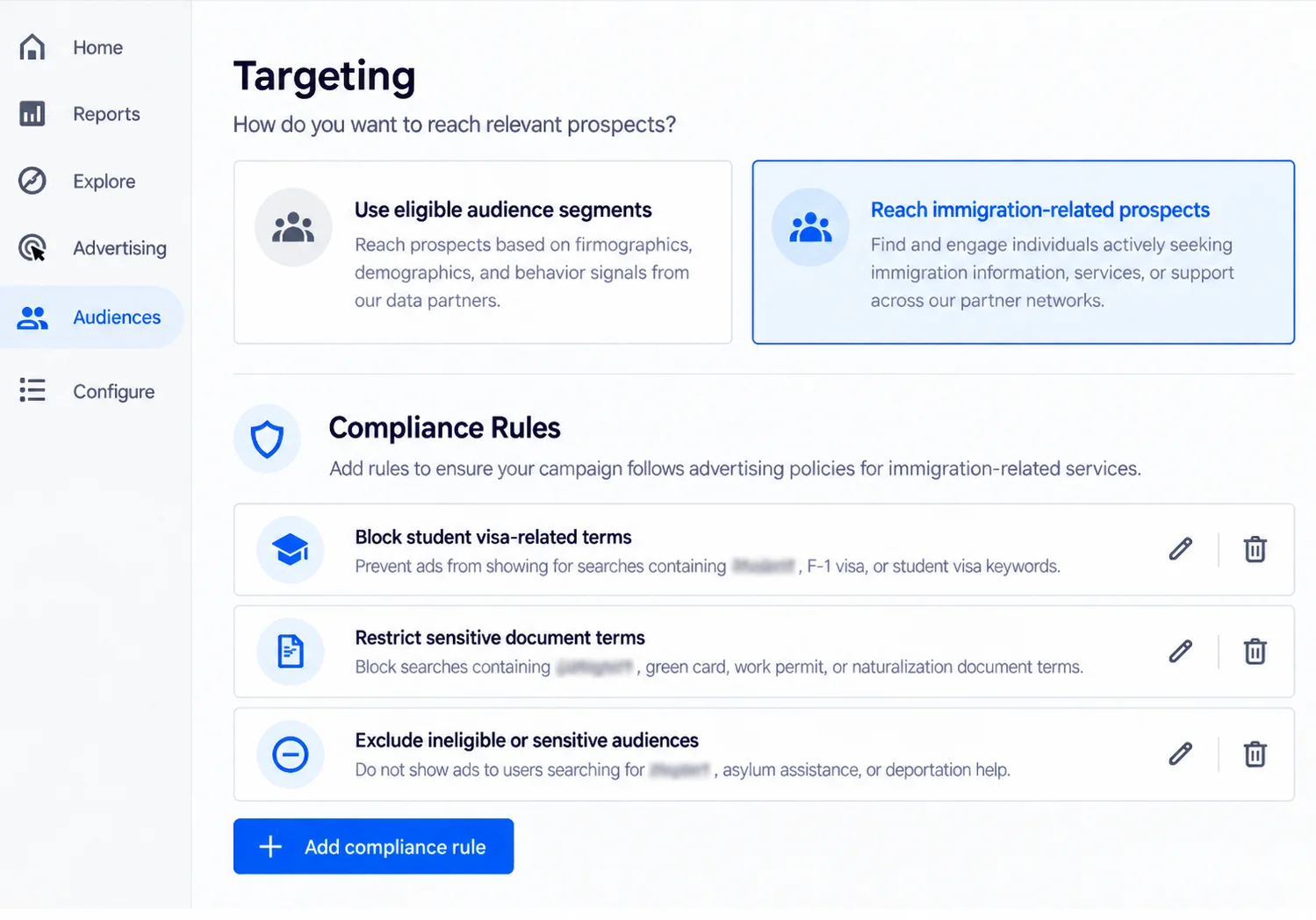 Advertising targeting dashboard showing compliant audience settings and campaign rules designed to reach relevant immigration prospects while following advertising restrictions.
