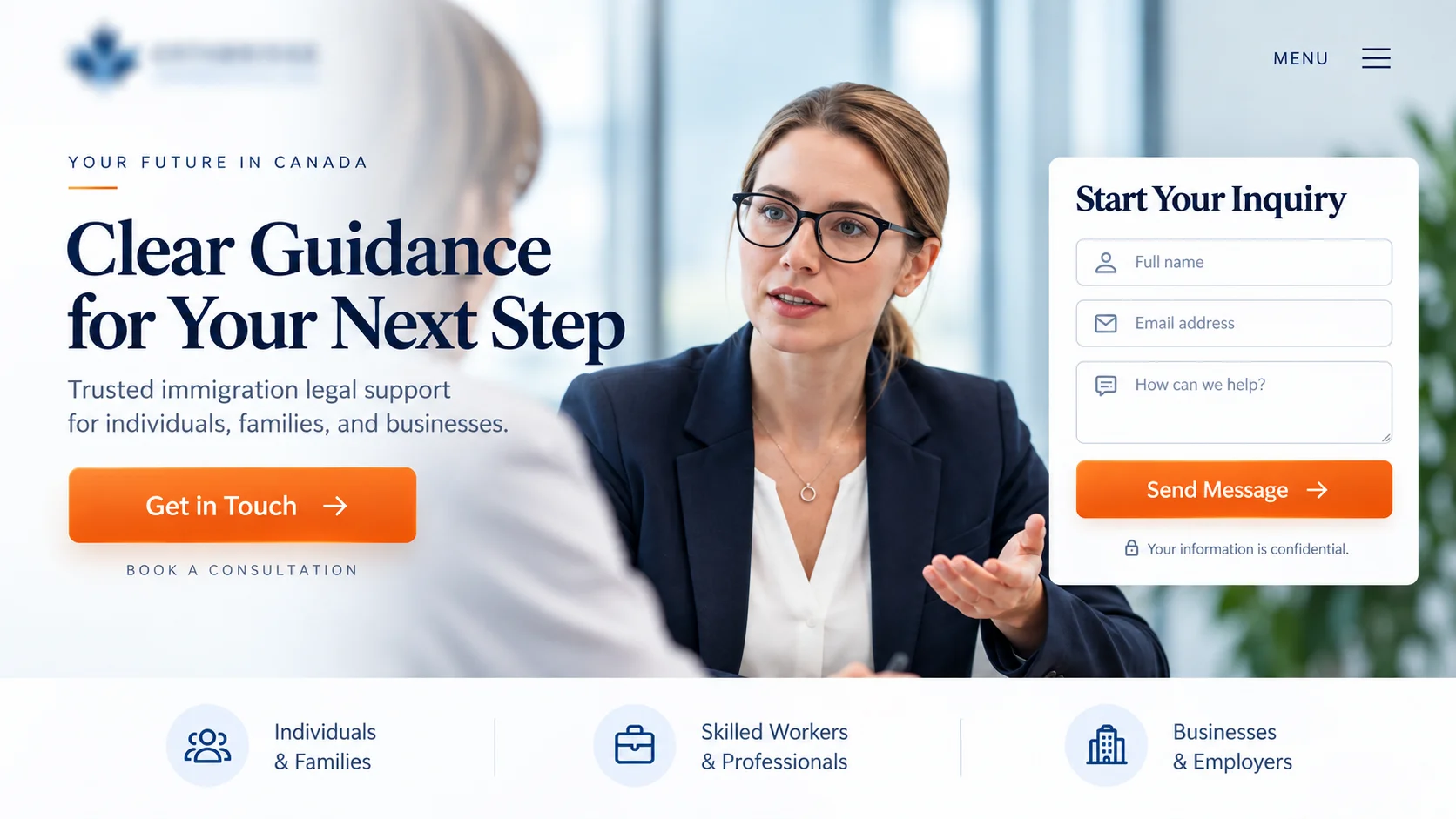 Optimized immigration law landing page featuring a clear consultation CTA, simplified inquiry form, professional legal imagery, and focused messaging designed to convert ad clicks into client inquiries.