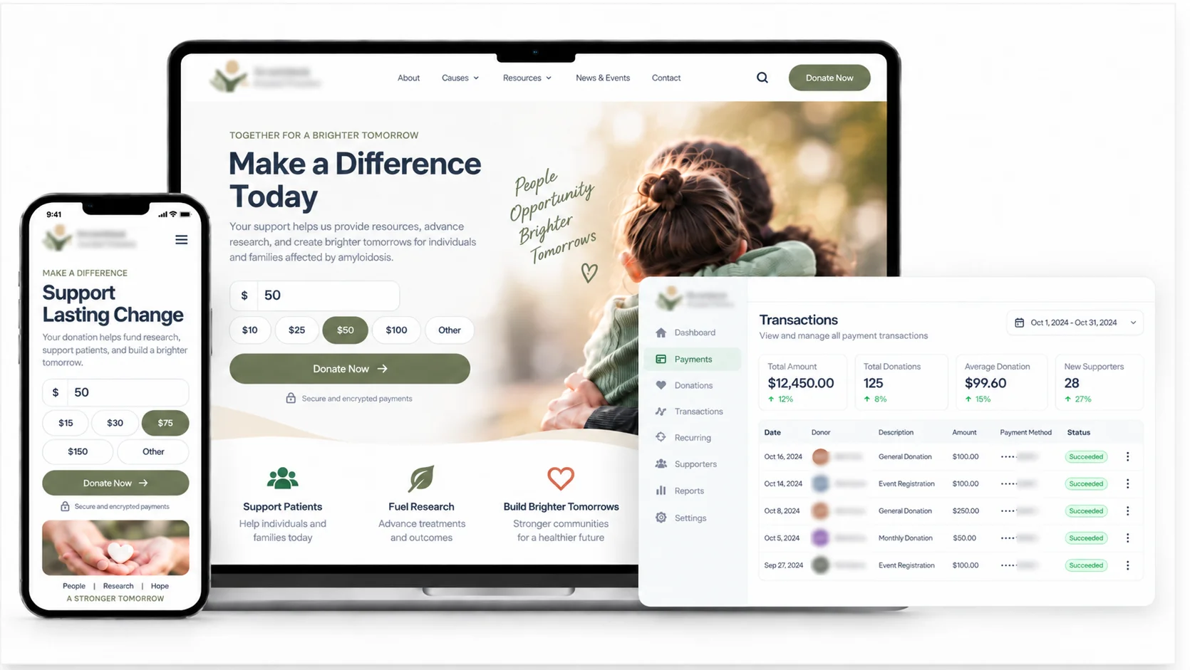 Nonprofit donation website and mobile payment experience with an integrated transaction dashboard for managing donations and payments.