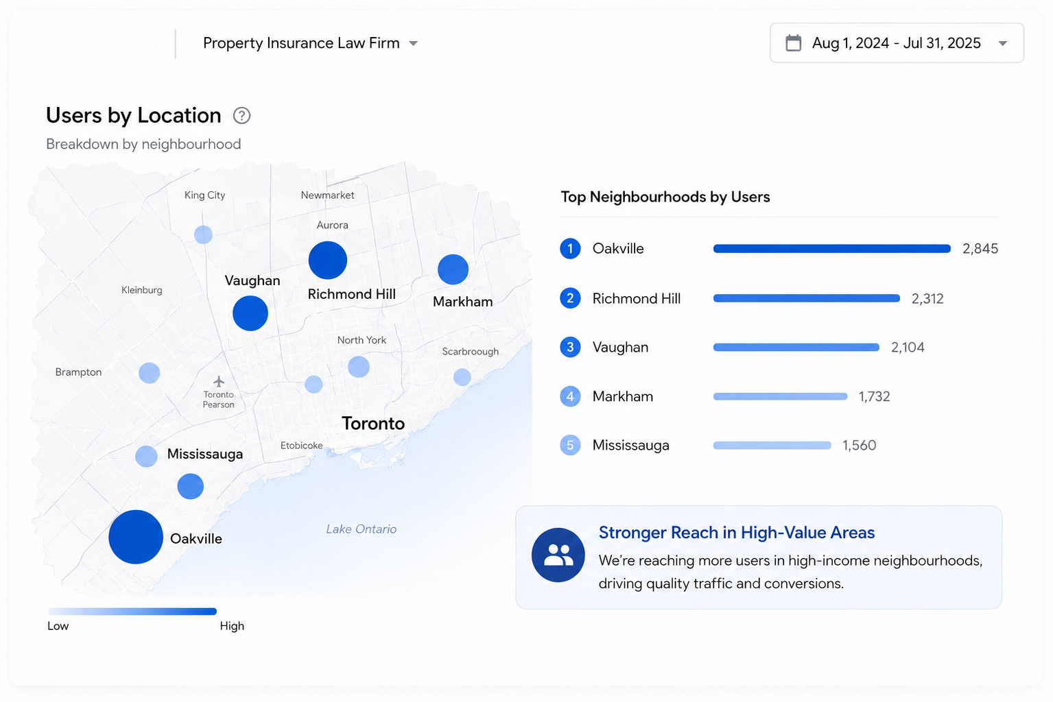 Demographic targeting visual showing stronger reach in high-value Toronto-area neighbourhoods for a property insurance lawyer marketing campaign.